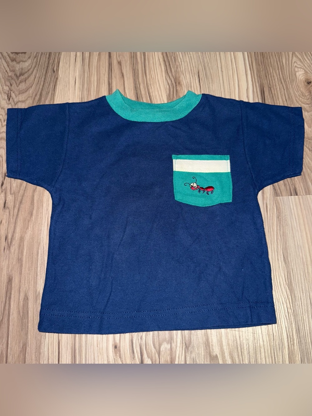 Vintage healthtex Navy Blue Tee with Ants and Teal Neck